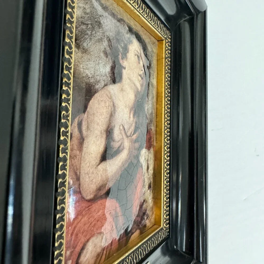 Vintage B.E.Murillo Art  St.John The Baptist Child  Convex Wooden Frame